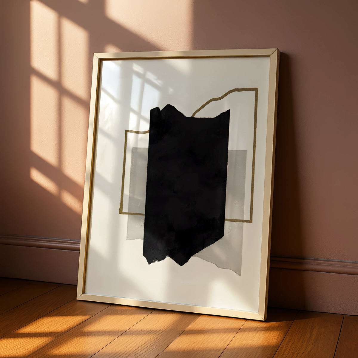Abstract Black Ink Monochrome Wall Art, Gold Line Minimalist Print, Modern Neutral Poster