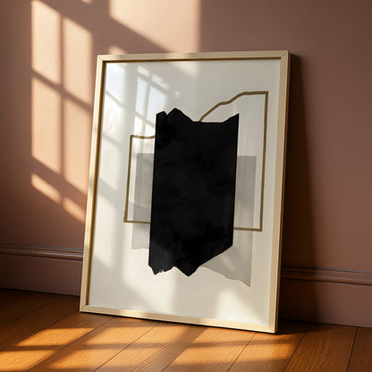 Abstract Black Ink Monochrome Wall Art, Gold Line Minimalist Print, Modern Neutral Poster