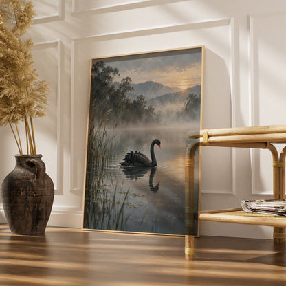 Black Swan Print, Australian Landscape Wall Art, Misty Lake Nature Poster, Wildlife Art