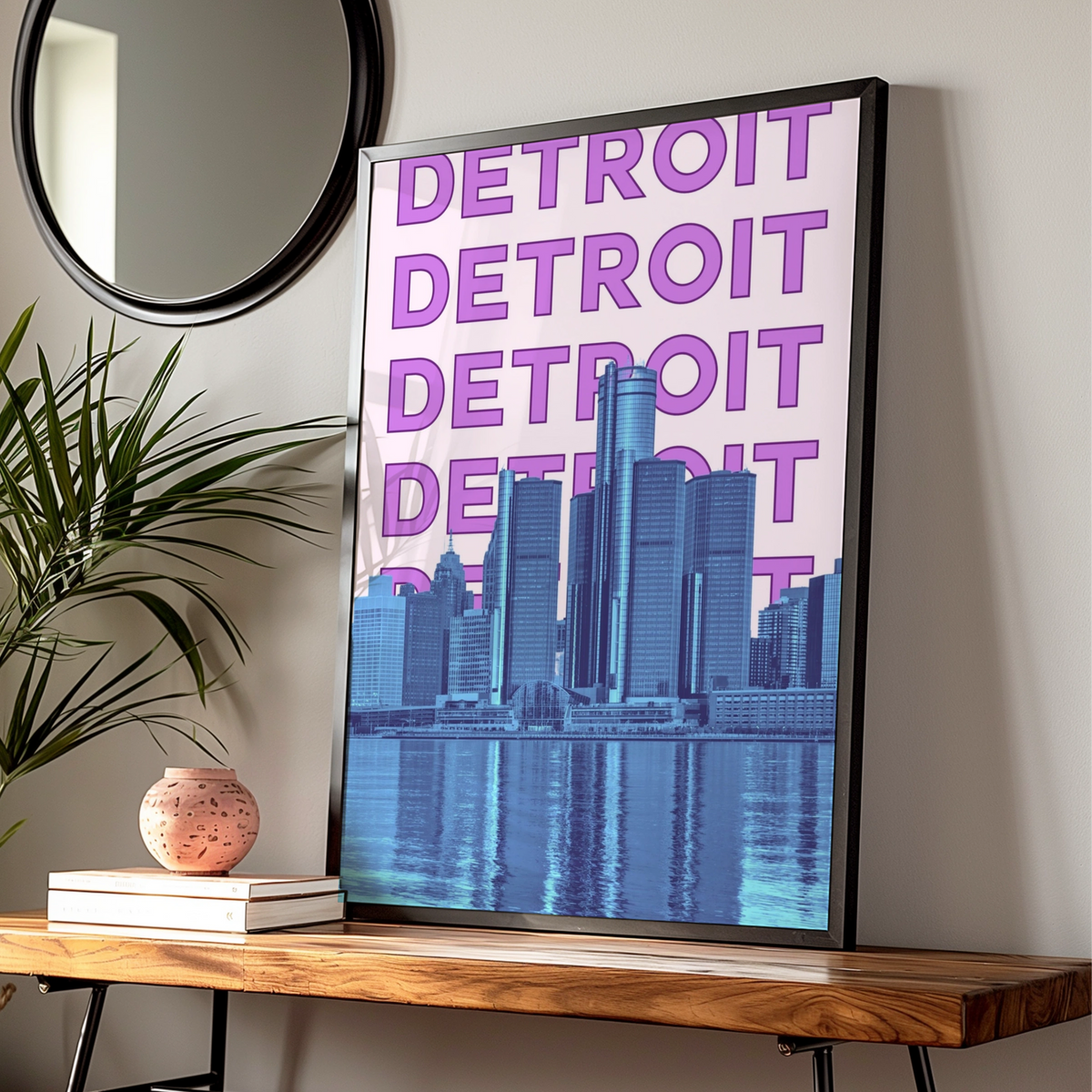 Detroit Travel Poster, Michigan City Skyline Wall Art, Retro Purple Blue Print