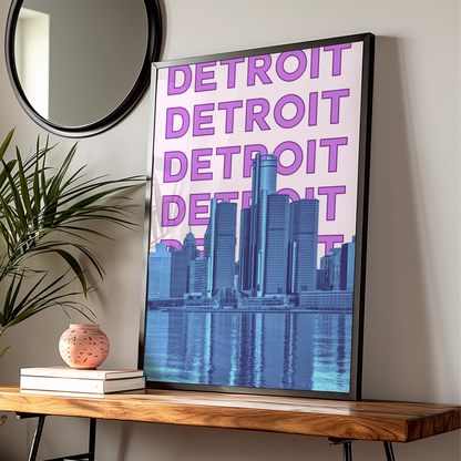 Detroit Travel Poster, Michigan City Skyline Wall Art, Retro Purple Blue Print