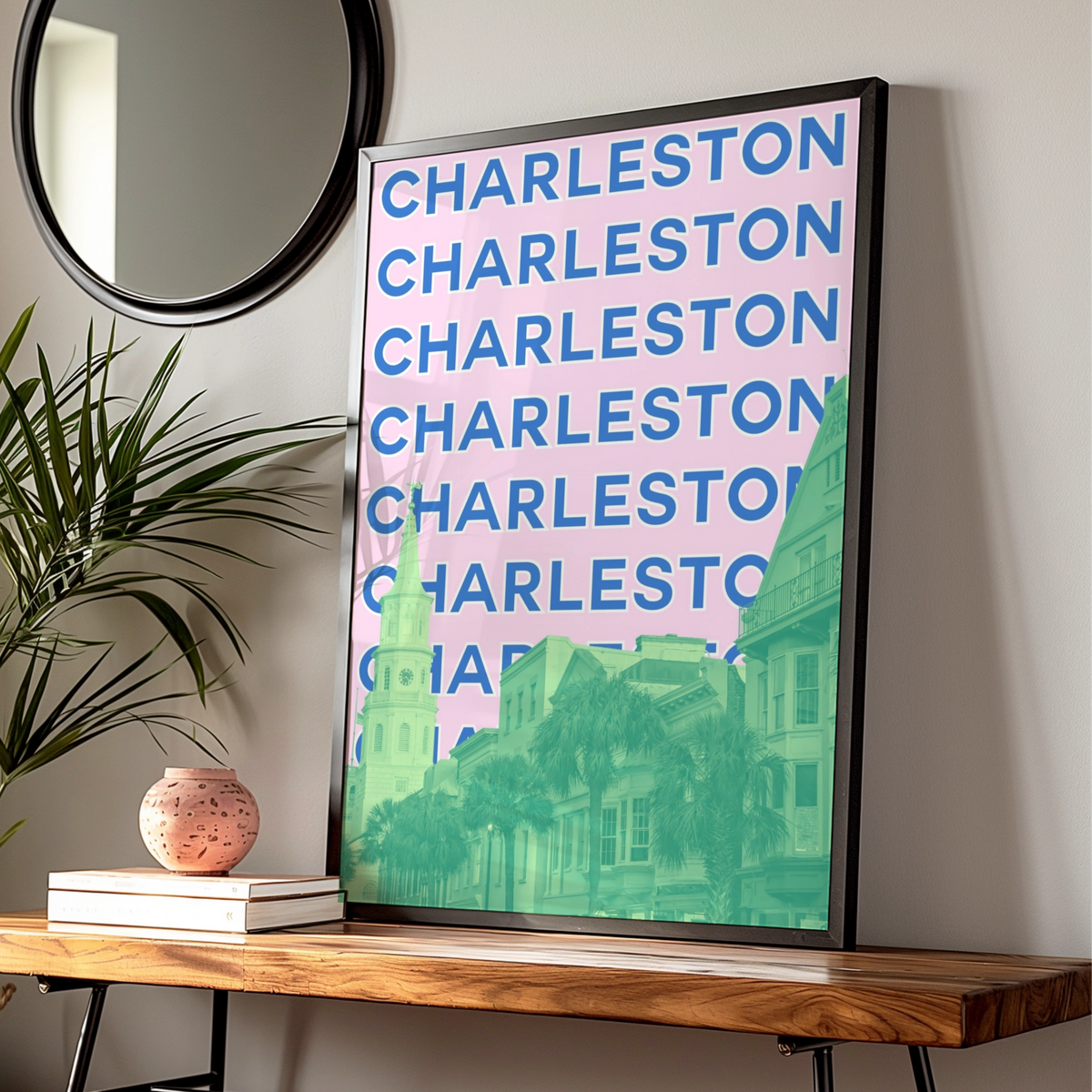 Charleston South Carolina Travel Poster, Retro City Wall Art, Pink Blue Print