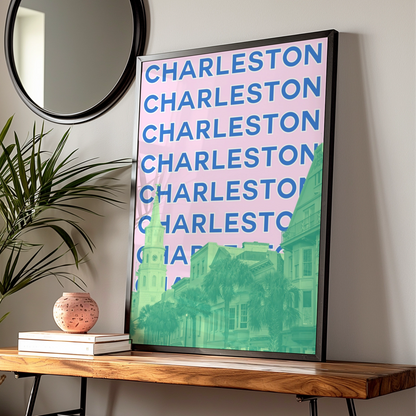 Charleston South Carolina Travel Poster, Retro City Wall Art, Pink Blue Print
