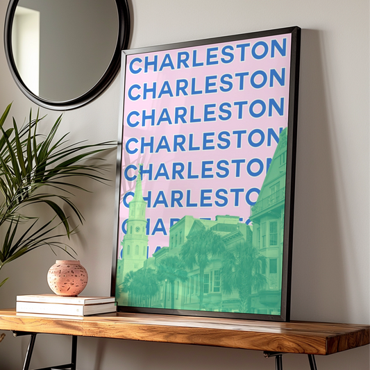 Charleston South Carolina Travel Poster, Retro City Wall Art, Pink Blue Print — Digital Download