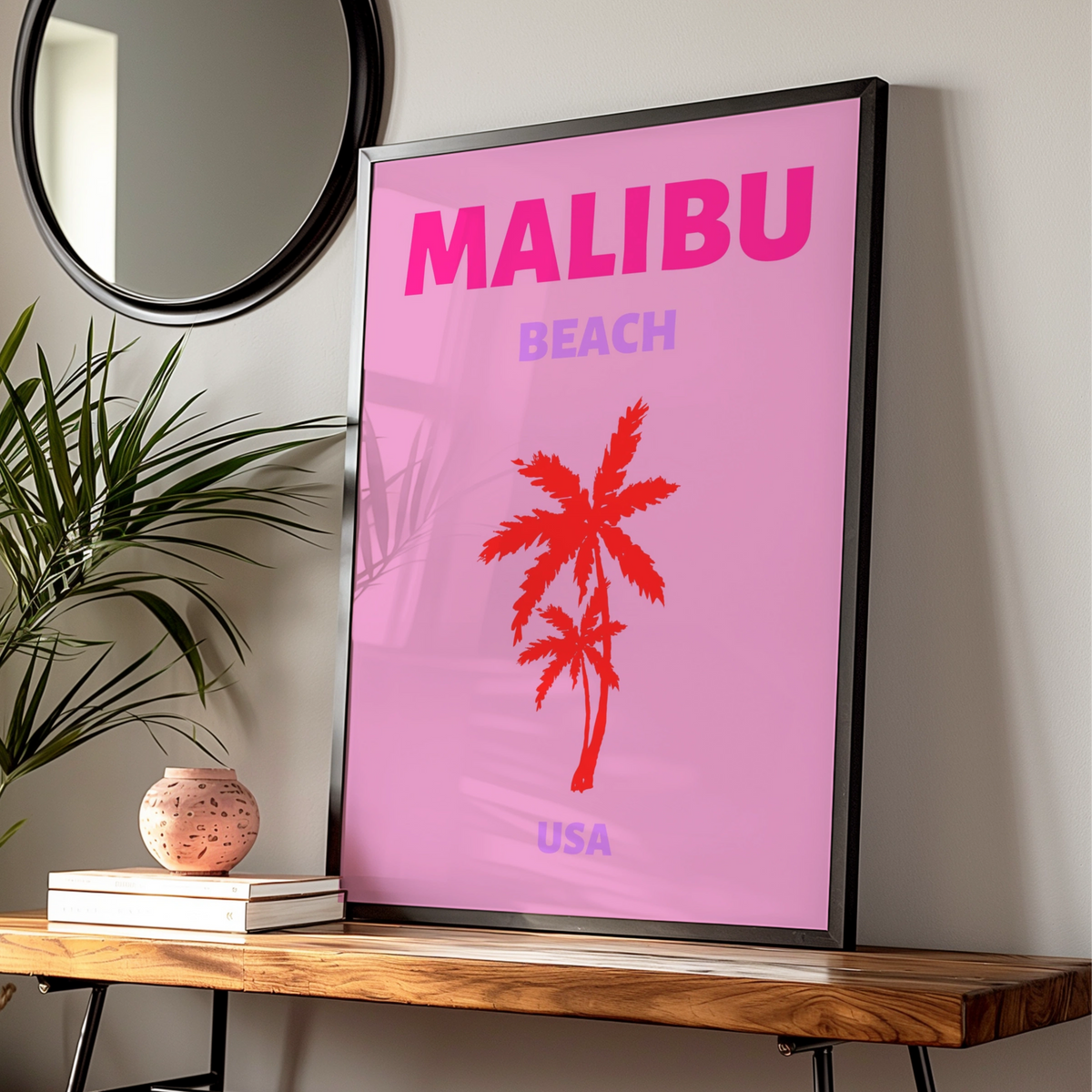 Malibu Beach Travel Poster, California Wall Art, Retro USA Palm Tree Print