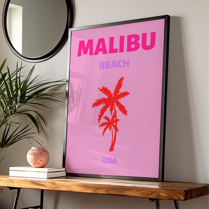 Malibu Beach Travel Poster, California Wall Art, Retro USA Palm Tree Print