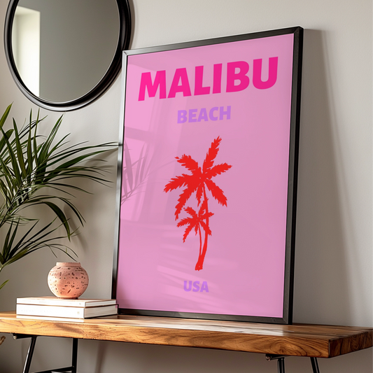 Malibu Beach Travel Poster, California Wall Art, Retro USA Palm Tree Print — Digital Download