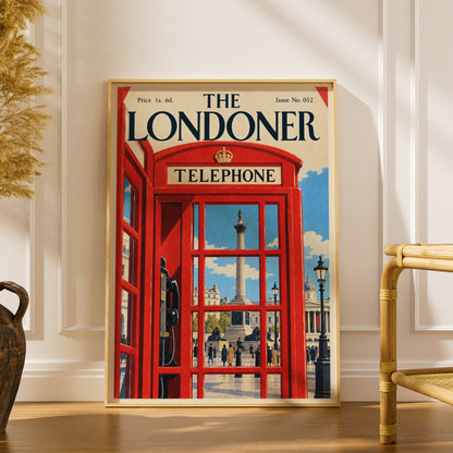 London Red Telephone Box Poster, Trafalgar Square Wall Art, Vintage Magazine Cover Art Print