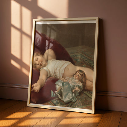 Sleeping Baby Victorian Art Print, Child With Doll Vintage Poster, Nursery Wall Art