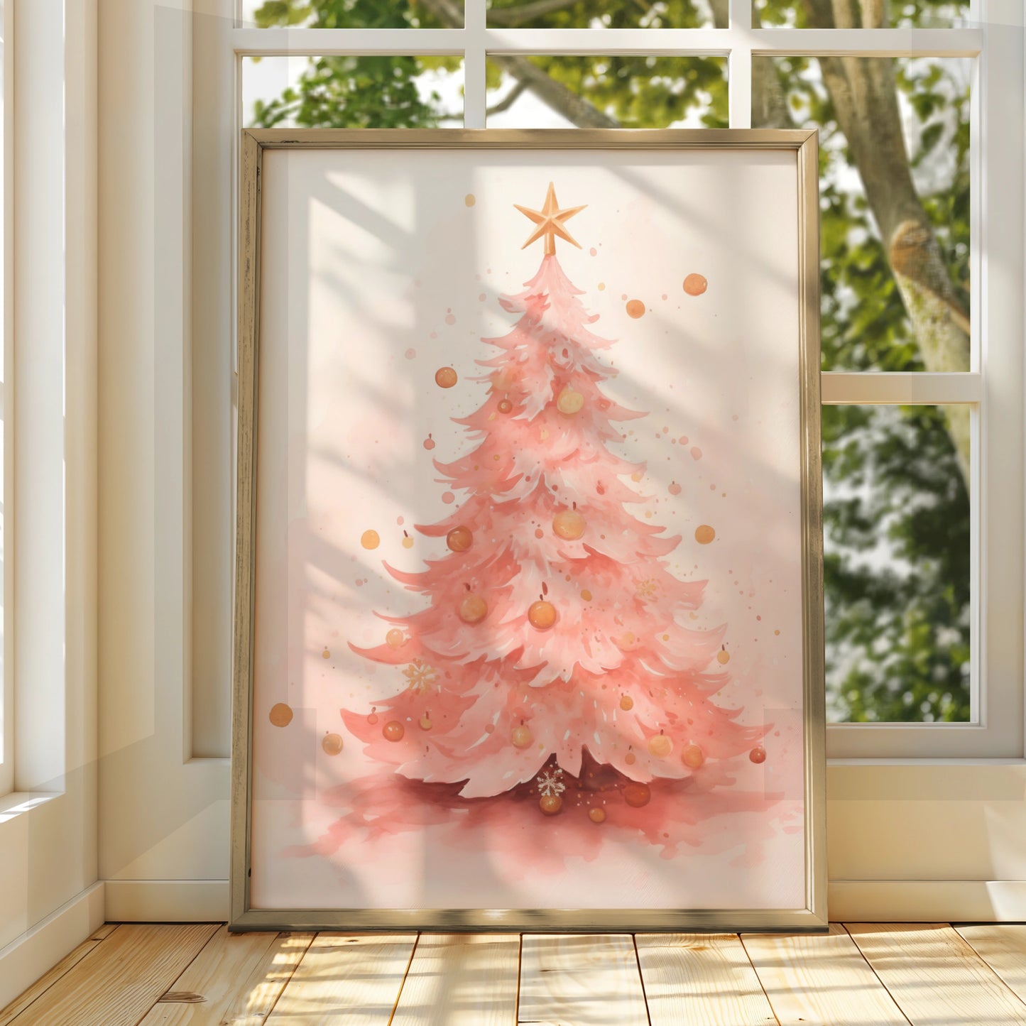 Pink Christmas Tree Poster, Watercolour Xmas Wall Art, Gold Star Festive Print