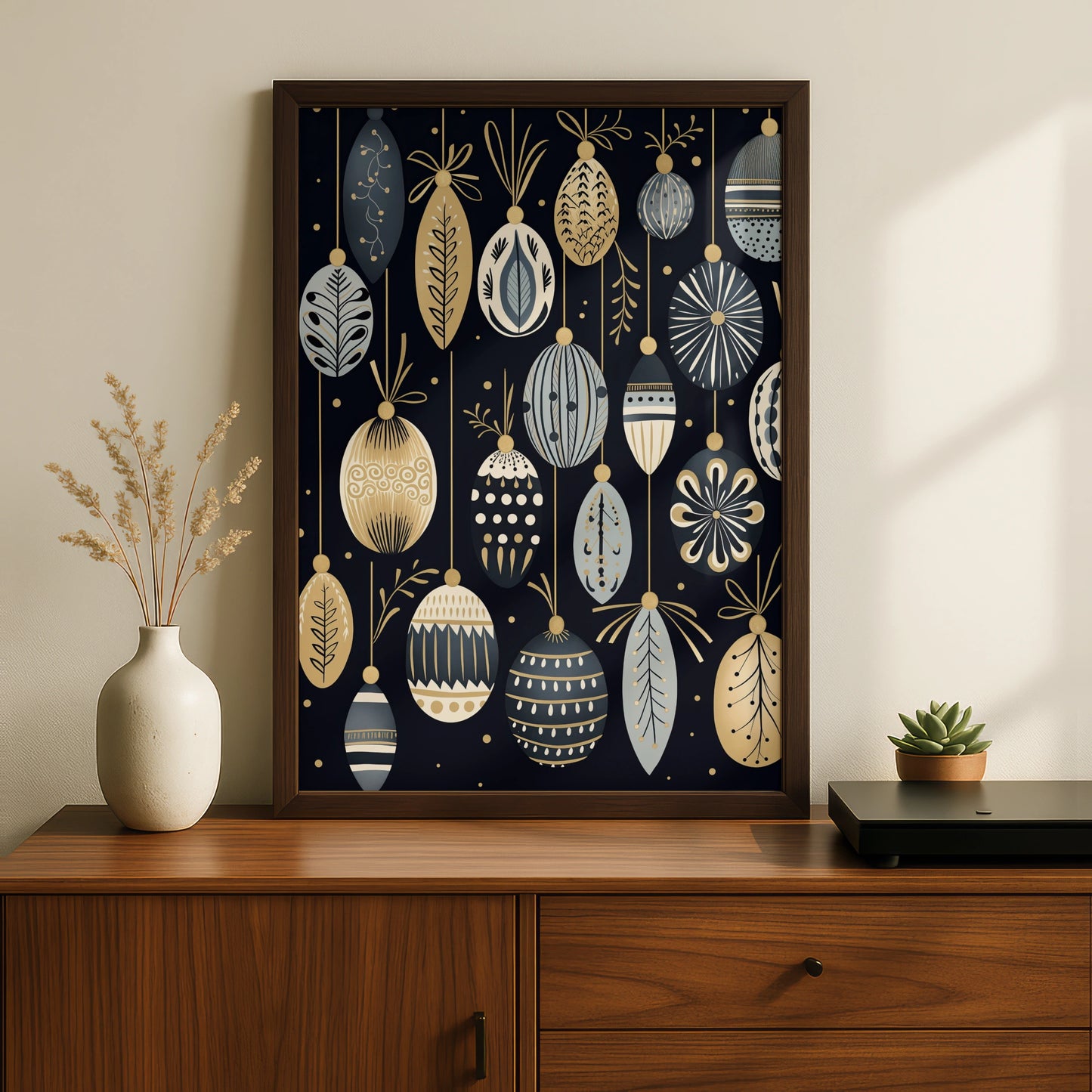 Christmas Baubles Poster, Black Gold Festive Wall Art, Ornament Print, Scandi Xmas Decor