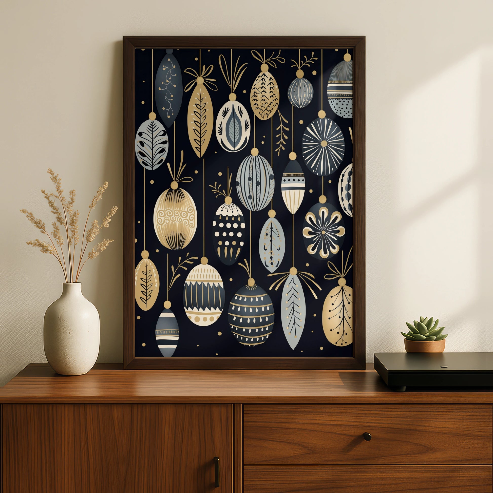 Christmas Baubles Poster, Black Gold Festive Wall Art, Ornament Print, Scandi Xmas Decor