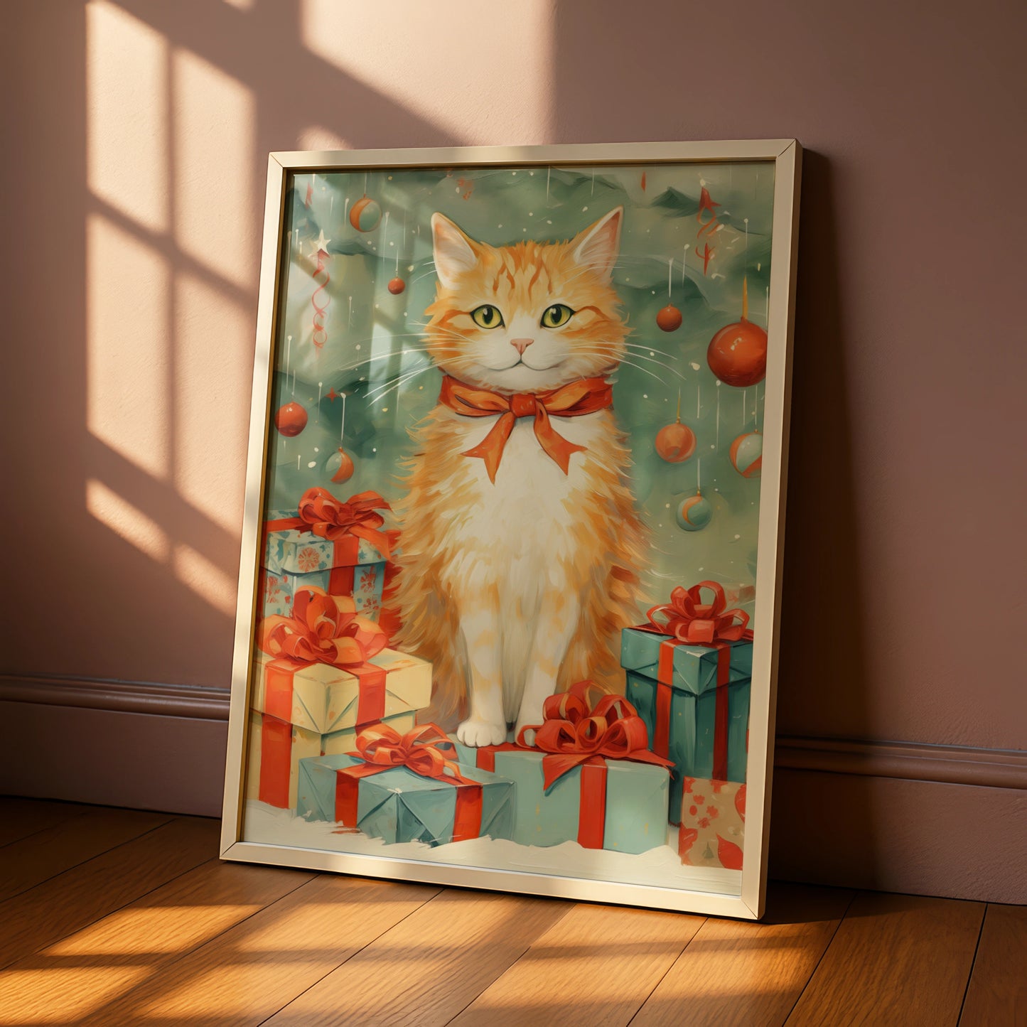 Christmas Cat Poster, Ginger Cat Art Print, Festive Xmas Wall Art, Holiday Gift Decor