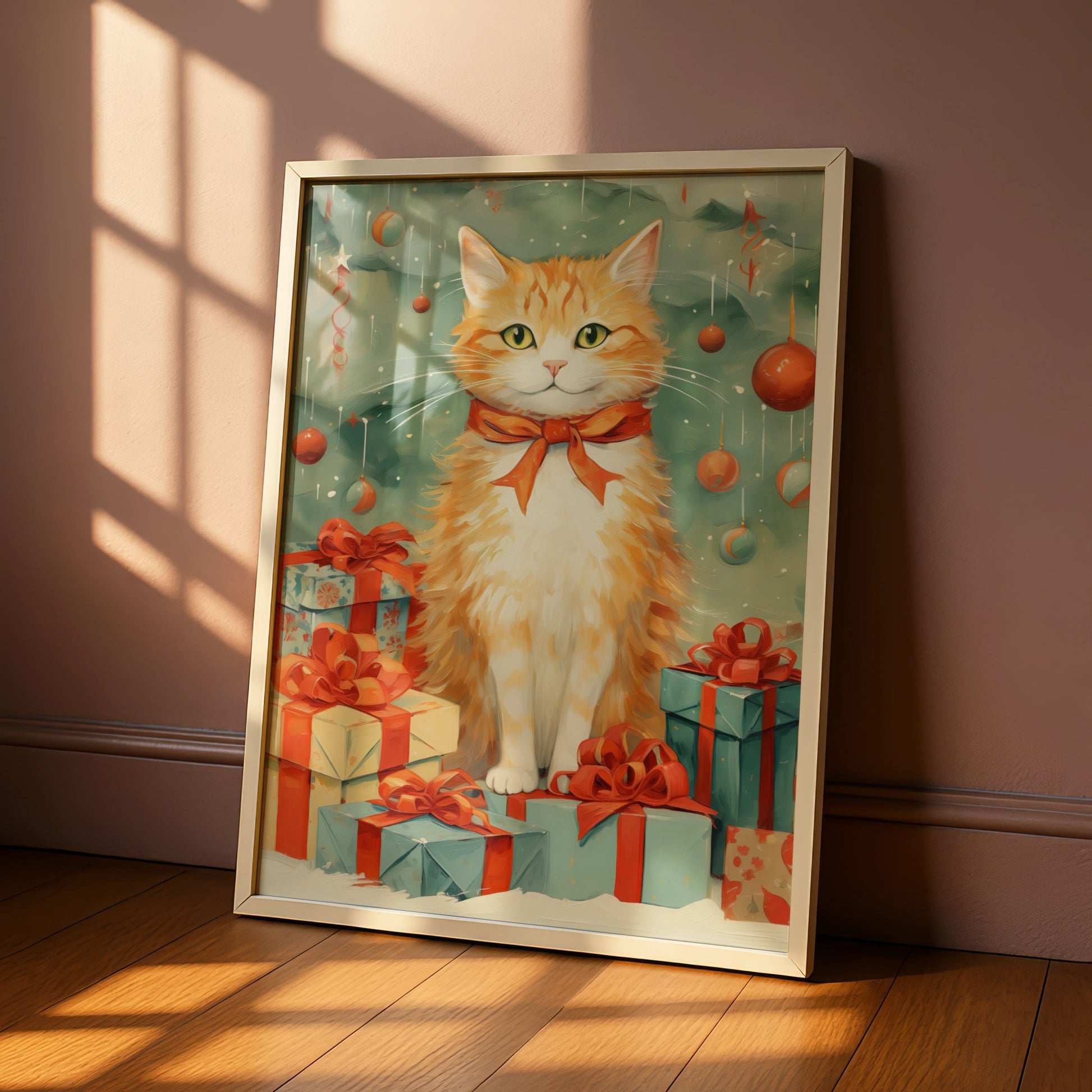 Christmas Cat Poster, Ginger Cat Art Print, Festive Xmas Wall Art, Holiday Gift Decor