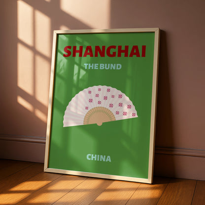 Shanghai The Bund Travel Poster, China Wall Art, Retro Chinese Fan Print
