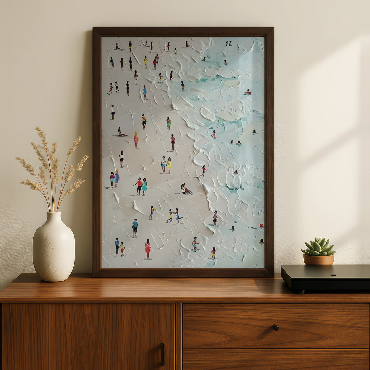 Beach Scene Art Print, People on Sandy Shore, Aerial View Poster, Modern Coastal Wall Art