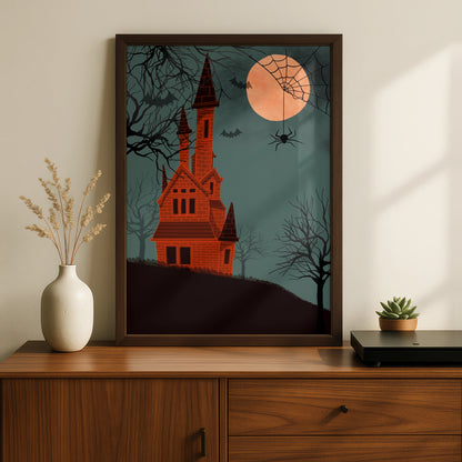 Halloween Haunted House Poster, Spooky Castle Full Moon Wall Art, Bats Spider Print