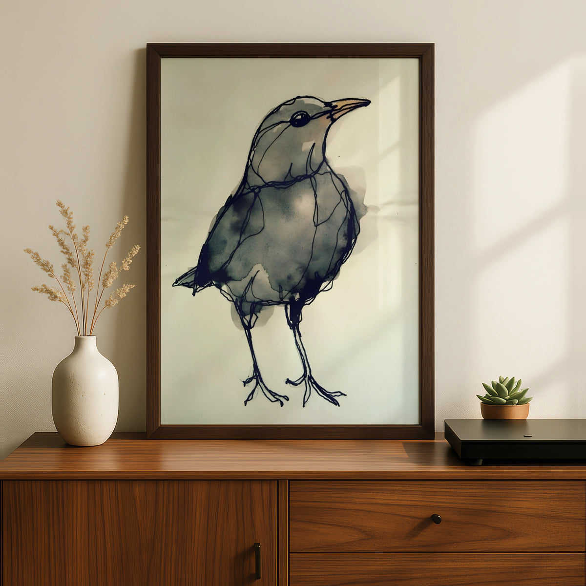 Blackbird Ink Sketch Print, Monochrome Wall Art, Minimalist Bird Poster, Grey Modern Decor