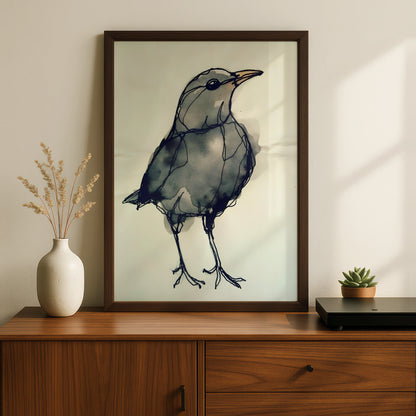 Blackbird Ink Sketch Print, Monochrome Wall Art, Minimalist Bird Poster, Grey Modern Decor