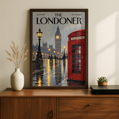 London Rainy Night Poster, Big Ben Red Telephone Box Wall Art, Vintage Magazine Cover Art Print