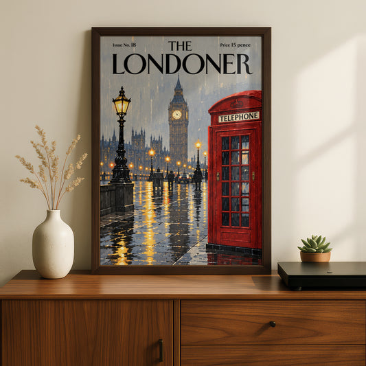 London Rainy Night Poster, Big Ben Red Telephone Box Wall Art, Vintage Magazine Cover Art Print