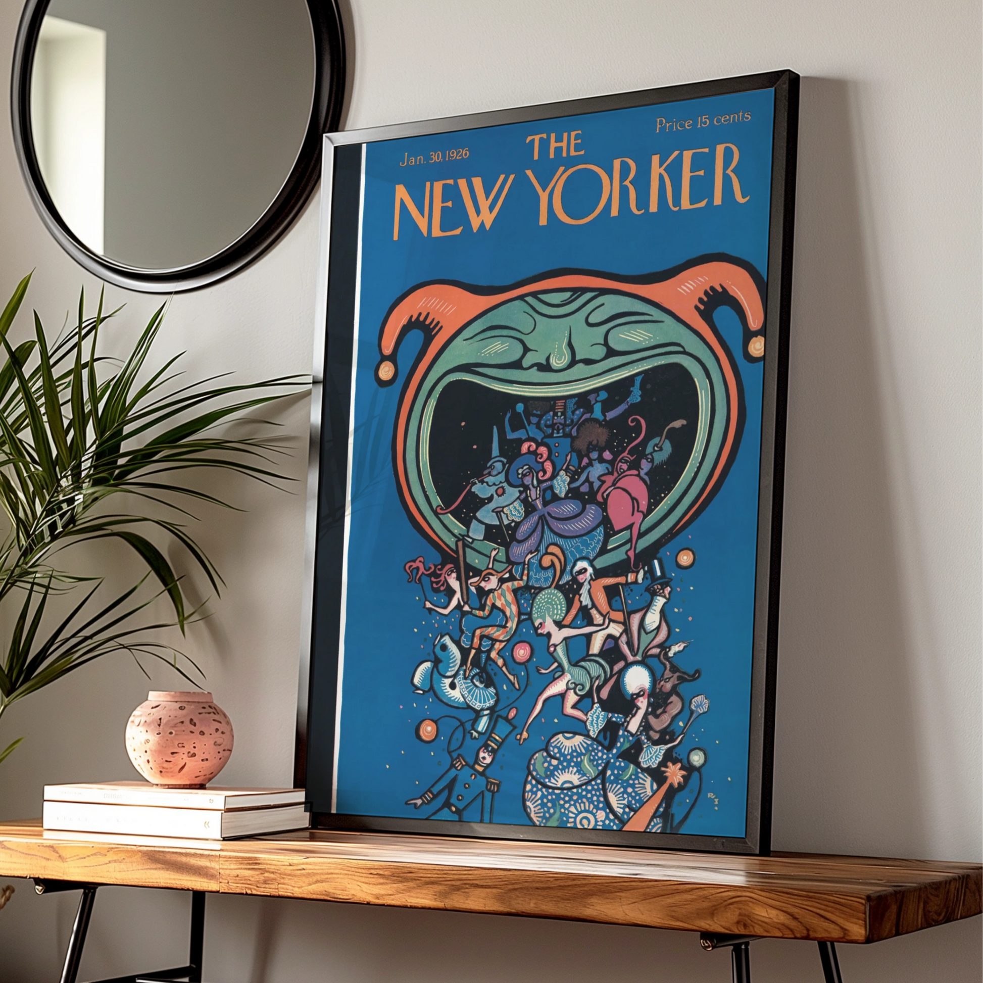 The New Yorker January 1926 Cover Poster, Vintage Jester Carnival Art Print, Blue Wall Art