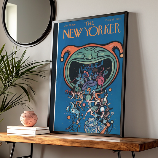 The New Yorker January 1926 Cover Poster, Vintage Jester Carnival Art Print, Blue Wall Art