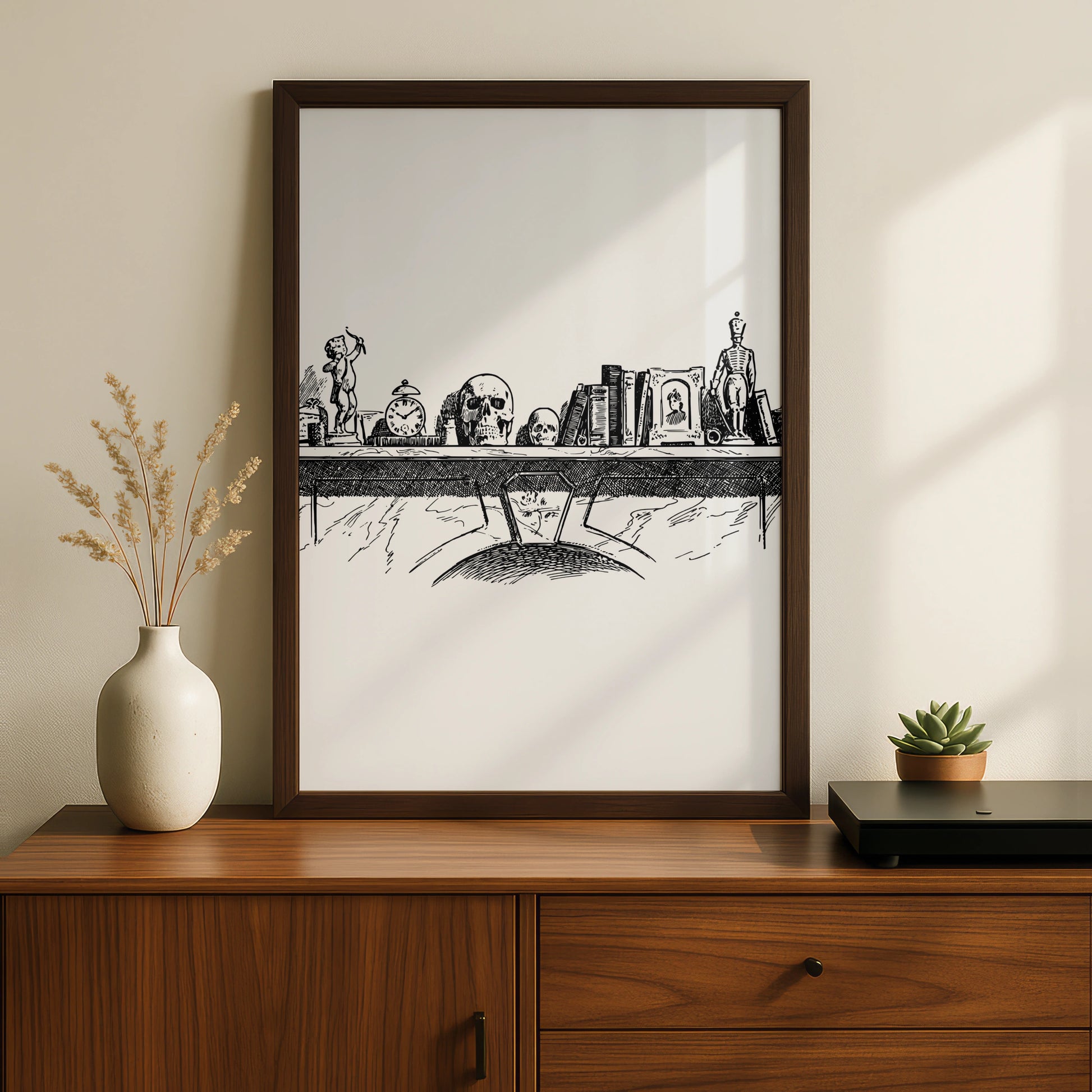 Halloween Skull Shelf Art Print, Gothic Curiosity Cabinet Poster, Dark Academia Wall Art