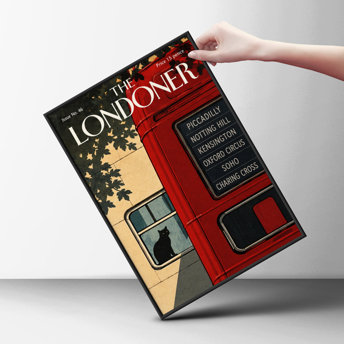London Bus Poster, Black Cat Wall Art, Vintage Magazine Cover Art Print, Red Bus Piccadilly