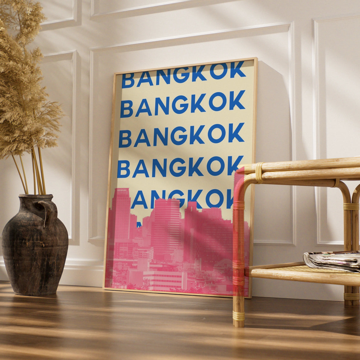 Bangkok Travel Poster, Thailand City Wall Art, Retro Skyline Print, Bold Typography Decor