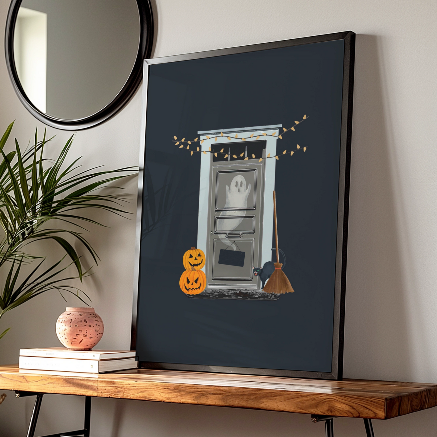 Halloween Ghost Door Poster, Spooky Black Cat Pumpkin Wall Art, Witch Broom Print