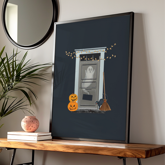 Halloween Ghost Door Poster, Spooky Black Cat Pumpkin Wall Art, Witch Broom Print