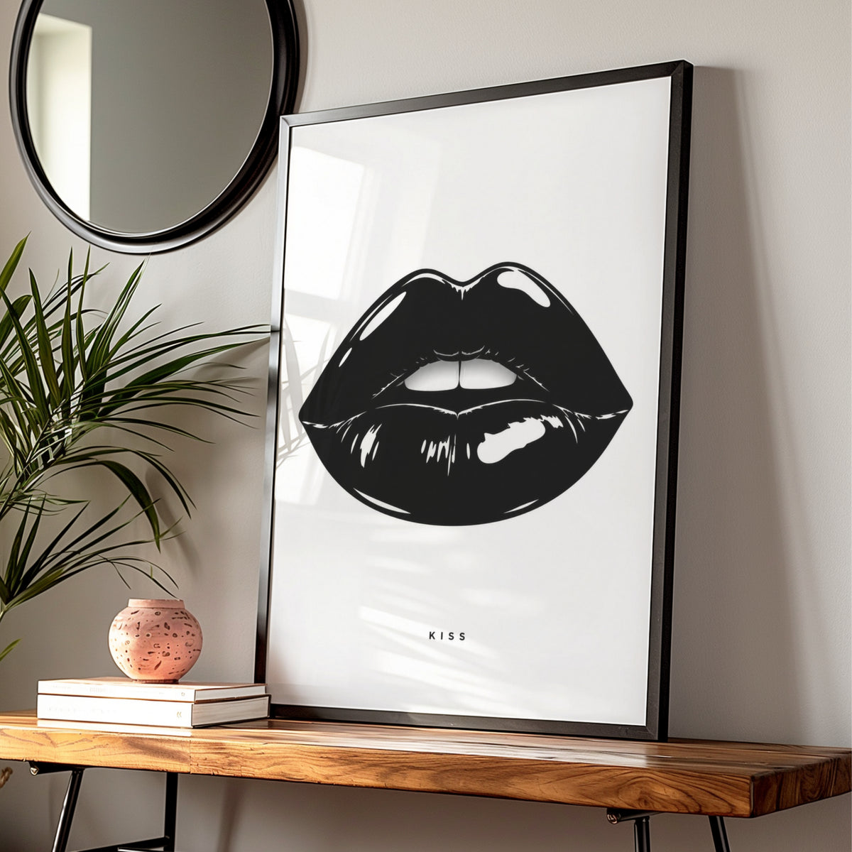 Kiss Lips Print, Monochrome Wall Art, Black and White Poster, Minimalist Lip Art