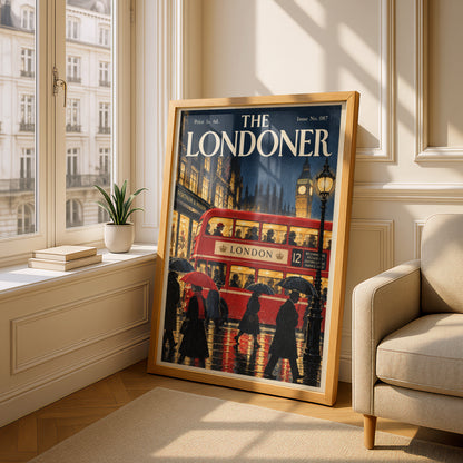Vintage London Red Bus Poster, Big Ben Wall Art, Retro Magazine Cover Art Print, Rainy Night Scene