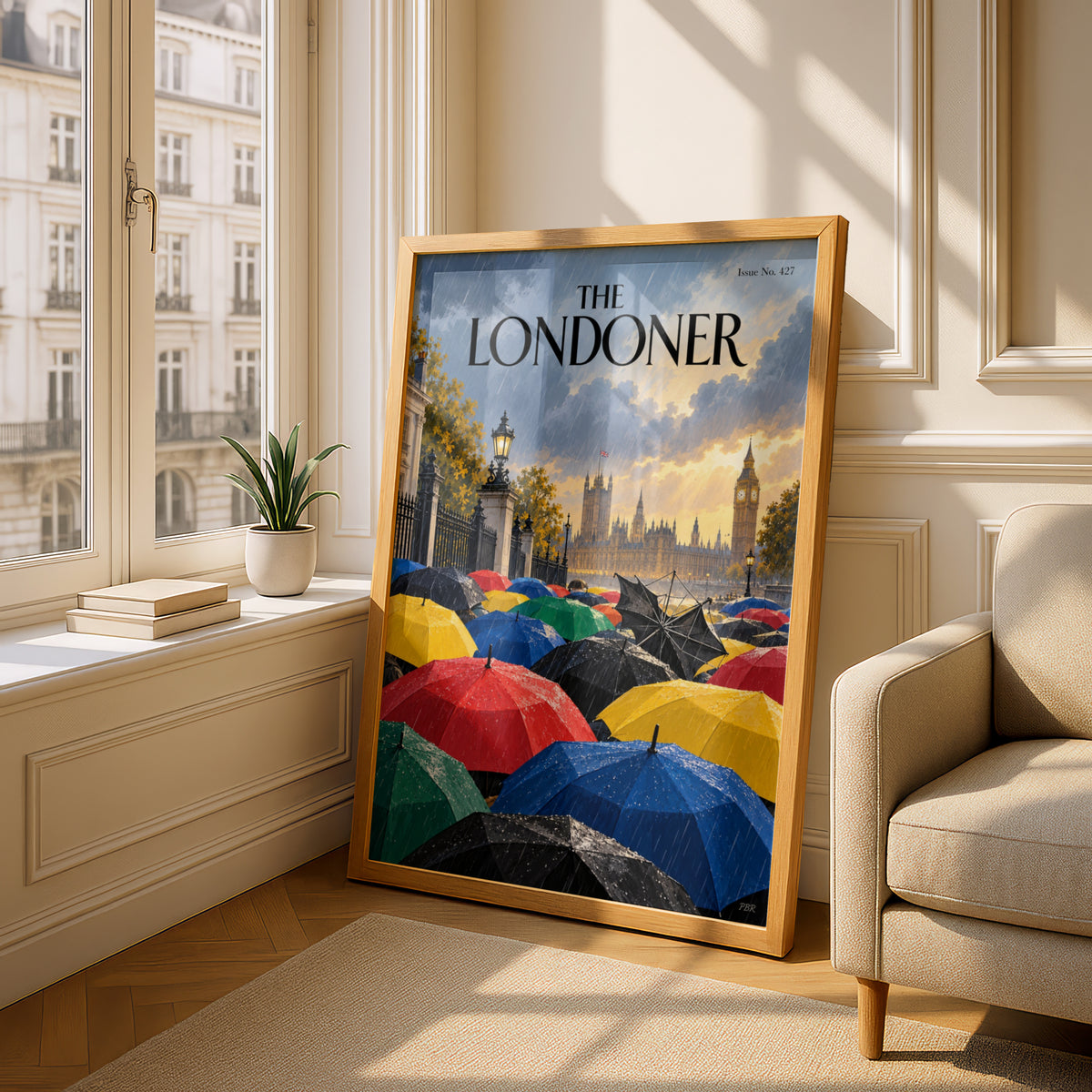 London Rainy Day Umbrellas Poster, Big Ben Westminster Wall Art, Colourful Magazine Cover Art Print