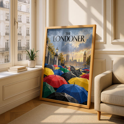 London Rainy Day Umbrellas Poster, Big Ben Westminster Wall Art, Colourful Magazine Cover Art Print