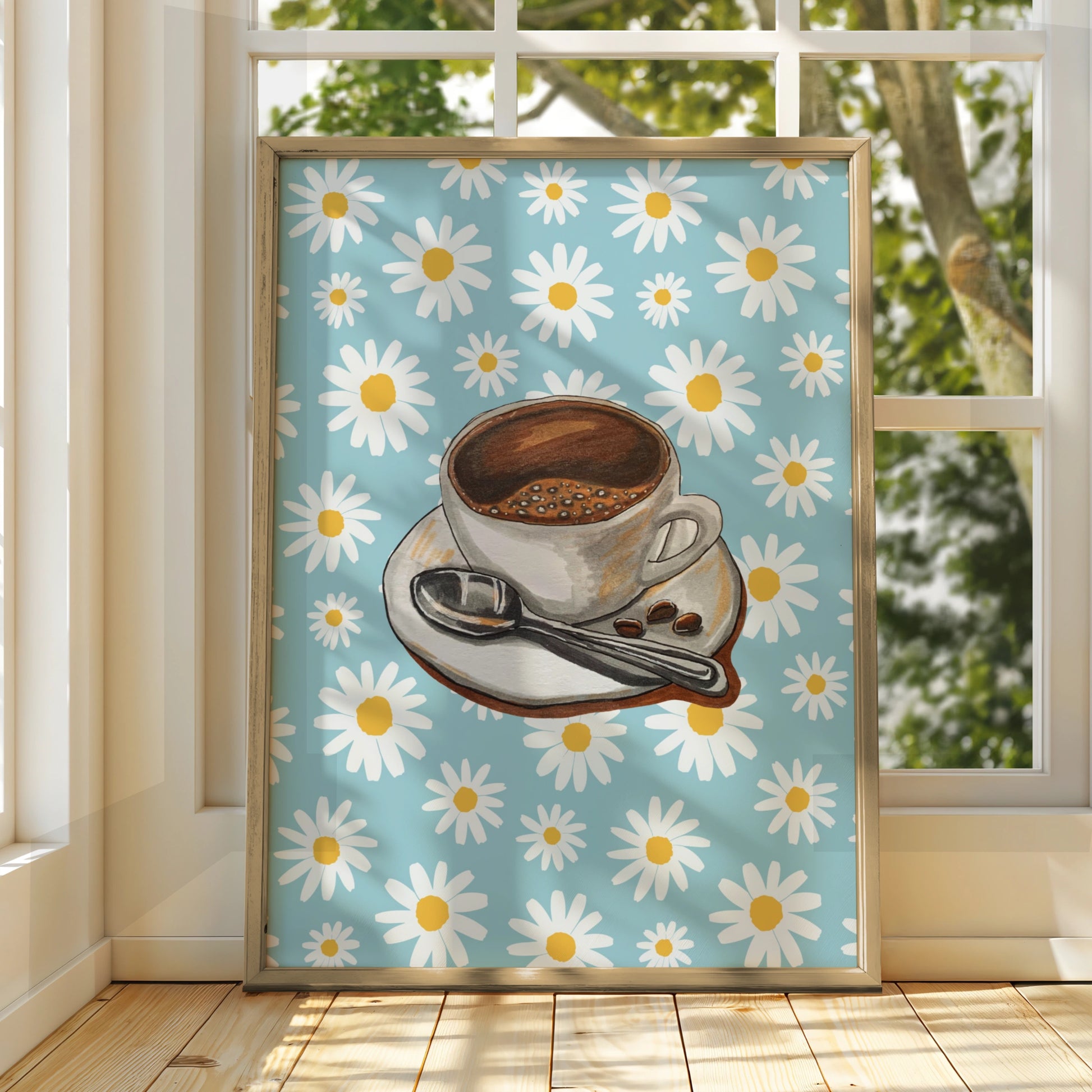 Maximalist Coffee Cup Daisy Poster, Retro Floral Kitchen Wall Art, Blue Espresso Print