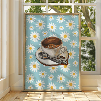Maximalist Coffee Cup Daisy Poster, Retro Floral Kitchen Wall Art, Blue Espresso Print
