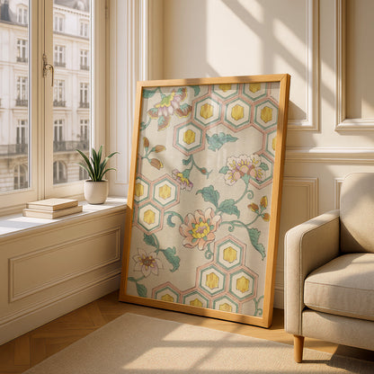 Japanese Botanical Print, Vintage Floral Woodblock Wall Art, Japandi Poster, Peony – A5 Oak frame
