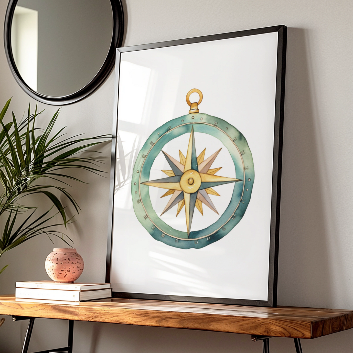 Compass Nursery Wall Art, Watercolour Adventure Poster, Teal Gold Boys Room Print