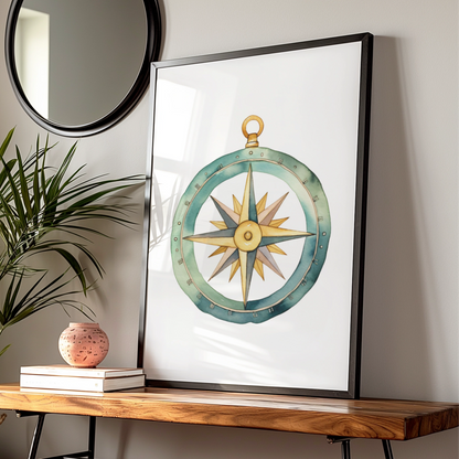 Compass Nursery Wall Art, Watercolour Adventure Poster, Teal Gold Boys Room Print