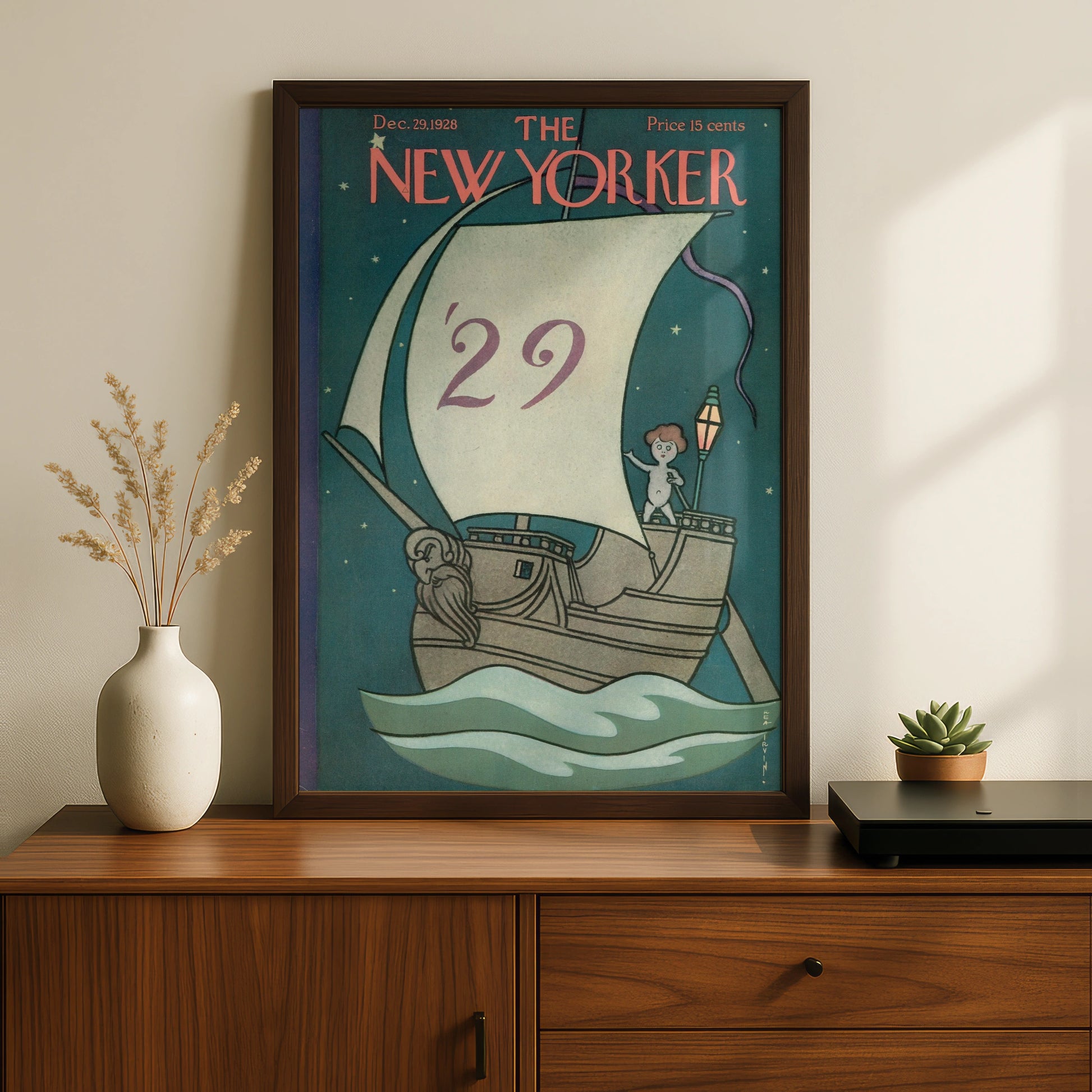 The New Yorker December 1928 Cover Poster, Vintage Sailing Ship New Year Art Print