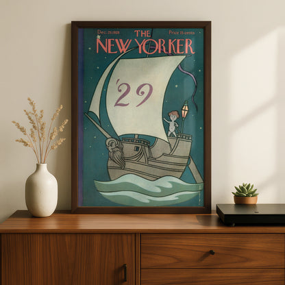 The New Yorker December 1928 Cover Poster, Vintage Sailing Ship New Year Art Print