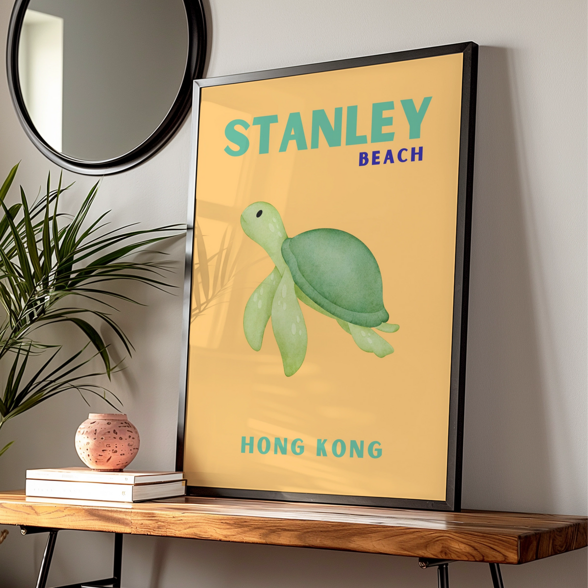 Stanley Beach Hong Kong Travel Poster, Sea Turtle Wall Art, Retro Coastal Print