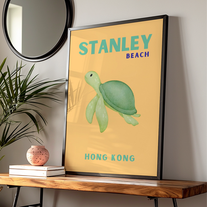 Stanley Beach Hong Kong Travel Poster, Sea Turtle Wall Art, Retro Coastal Print
