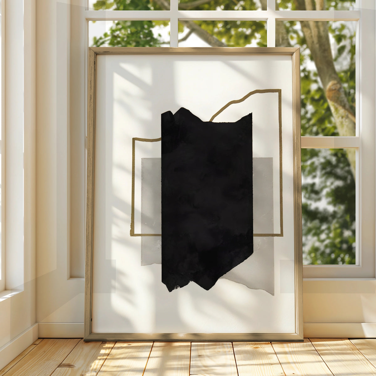 Abstract Black Ink Monochrome Wall Art, Gold Line Minimalist Print, Modern Neutral Poster
