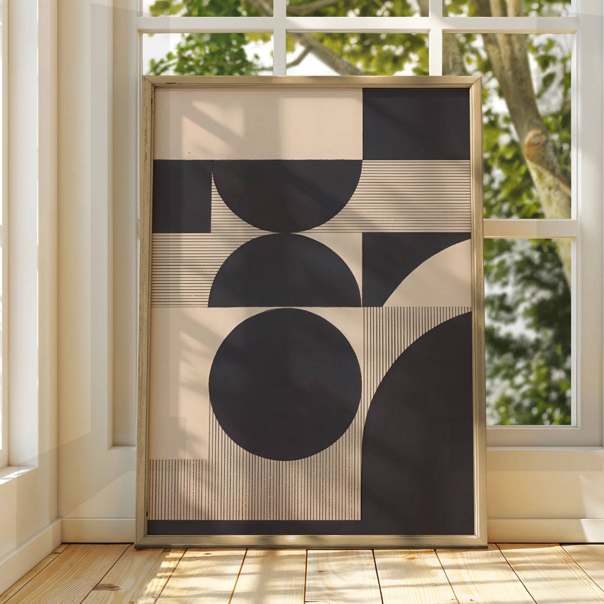 Geometric Circle Abstract Print, Monochrome Wall Art, Modern Bauhaus Poster, Neutral Minimalist