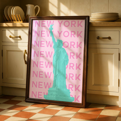 New York Travel Poster, Statue of Liberty Wall Art, Retro NYC Print, Pink Pop Art