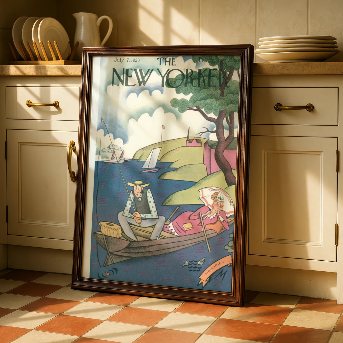 New Yorker 1928 Vintage Cover Poster, Fishing Boat Couple, Retro Wall Art Print