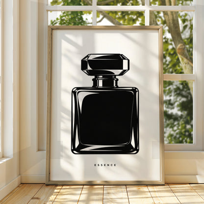 Perfume Bottle Print, Monochrome Wall Art, Minimalist Black White Poster, Essence Typography